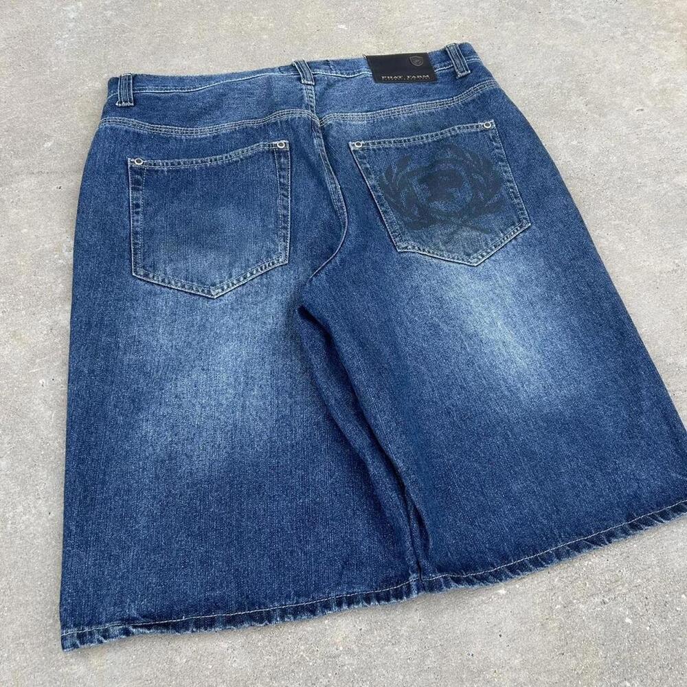 Vintage Baggy Denim Skater Y2k Hip Hop Era Jean Shorts with Graphic Logo